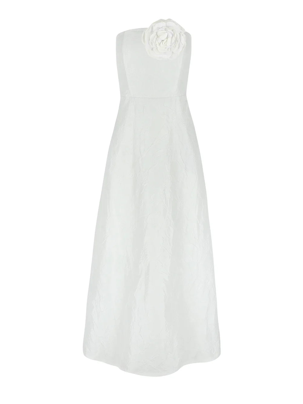Packshot of the Caswell Bustier Wedding Dress, crafted from crisp Camellia-embossed taffeta and adorned with a hand-embroidered rose appliqué at the bodice. A romantic, floor-length gown perfect for a standout bridal look. Available at Georgette bridal boutique in Brussels and online at georgettebridal.com.