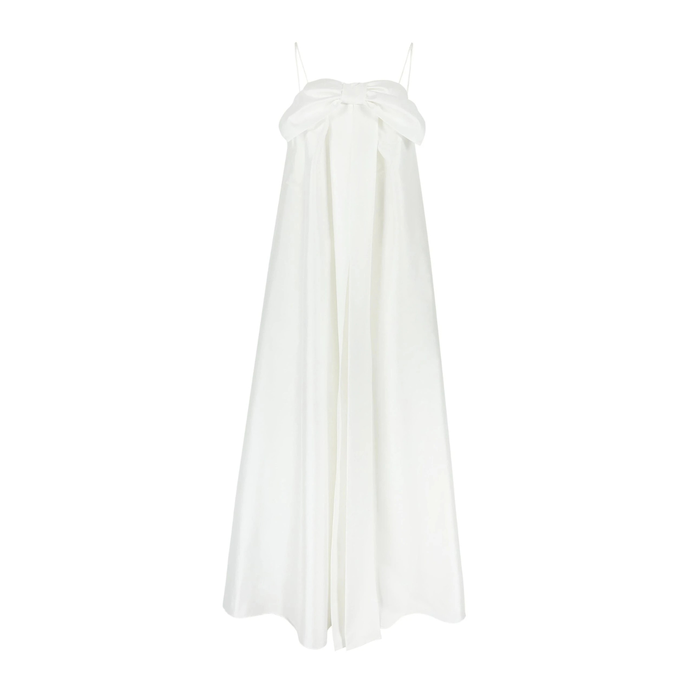 Front view of the Estelle wedding dress with delicate straps and oversized bow in ivory cotton by Bernadette, available at Georgette bridal boutique in Brussels and online on georgettebridal.com