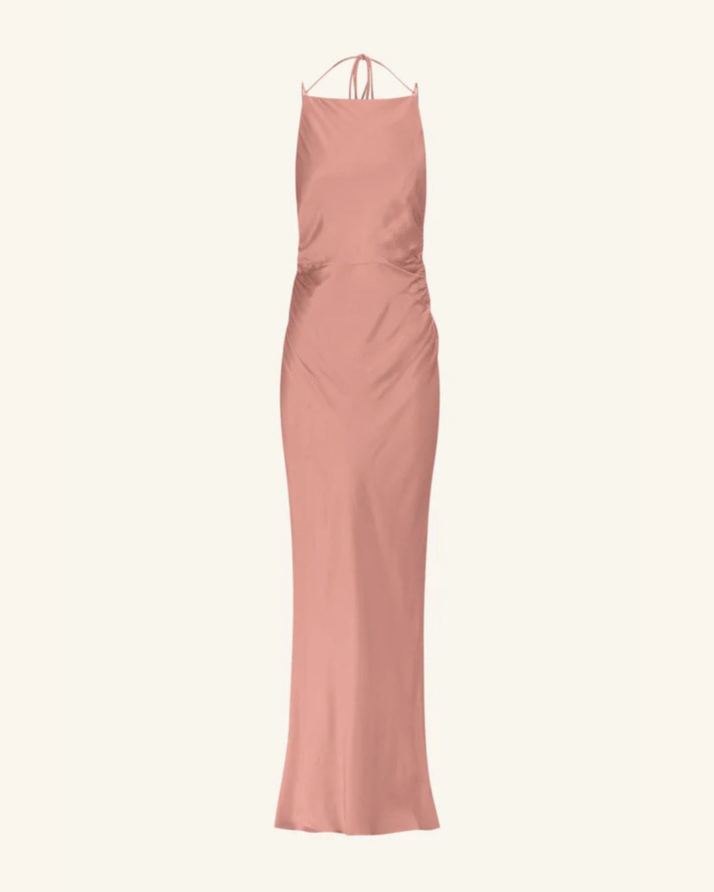 Product shot, antique rose satin maxi dress with a square high neckline, halter tie, ruched waist, and low open back. Made from sustainable LENZING™ ECOVERO™ viscose. Available at Georgette bridal boutique in Brussels and online at georgettebridal.com.