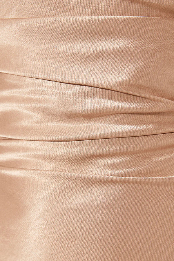 Elegant golden maxi dress with a deep plunging neckline, effortlessly draped with a refined scarf detail. Crafted from LENZING™ ECOVERO™ viscose with a sumptuous satin finish, it exudes both sophistication and fluidity.