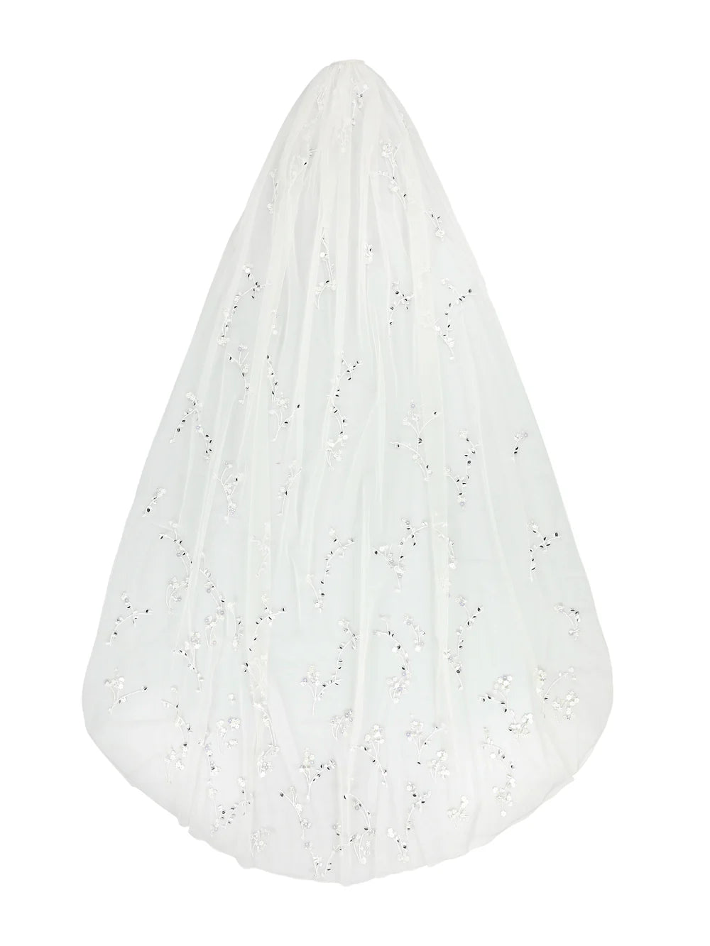 Long Little Flower hand-embroidered veil with ivory and silver floral embroidery, available at Georgette bridal boutique in Brussels and online on georgettebridal.com.