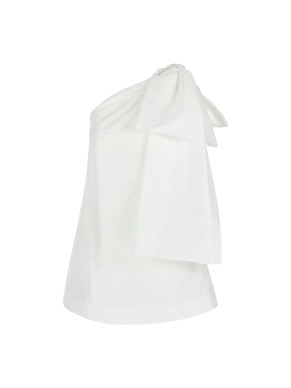 Packshot of the Bernadette Winnie Short Wedding Dress in ivory taffeta, showcasing a statement bow on the left shoulder, combining modern style with timeless elegance. Available at Georgette bridal boutique in Brussels and online at georgettebridal.com.