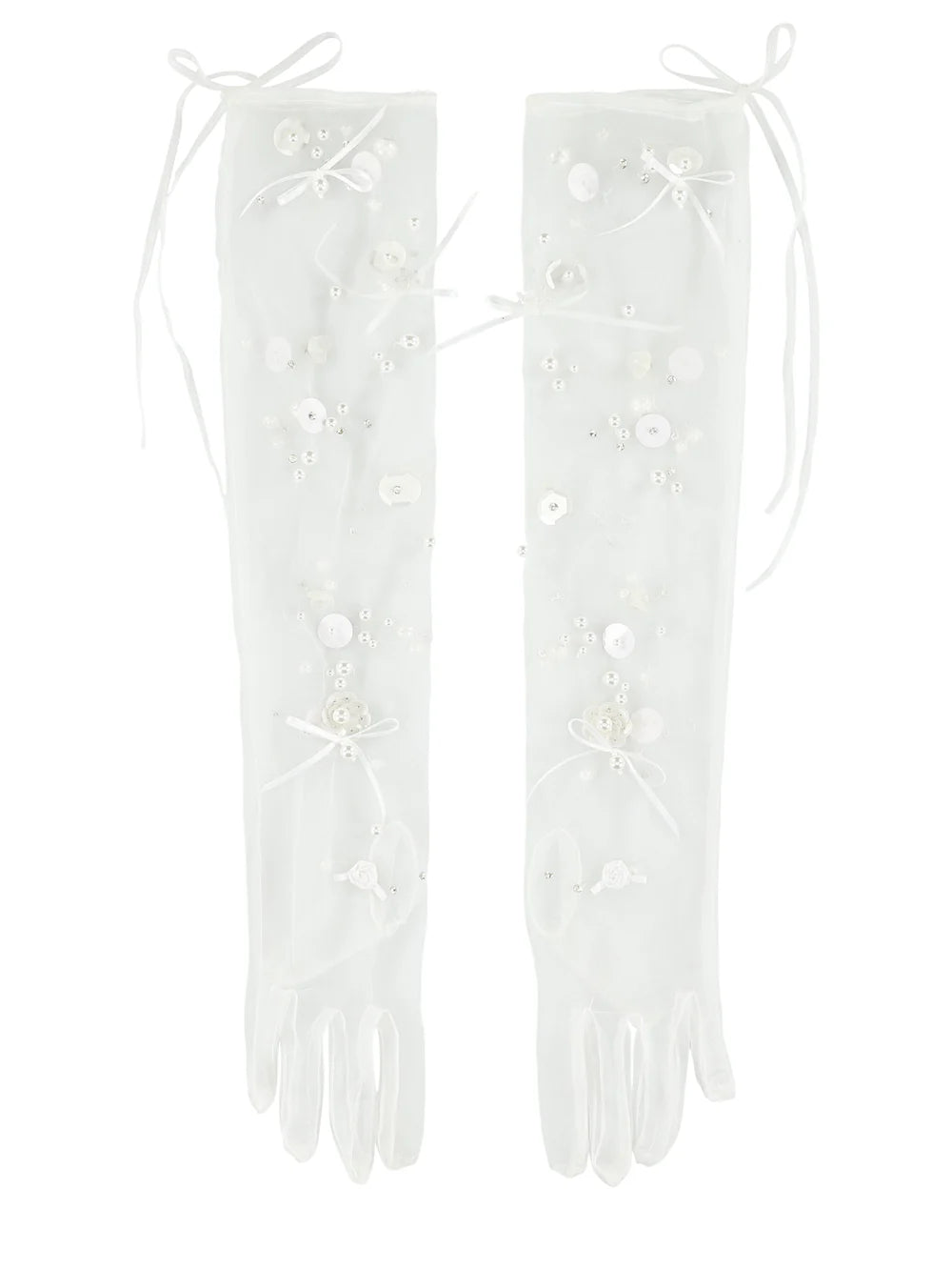 Bridal gloves with hand-embroidered pearls. The tulle fabric covers your arms elegantly, finished with a knotted little bow above the elbow to ensure elegance at all times. 
Available at Georgette bridal boutique in Brussels and online at georgettebridal.com.