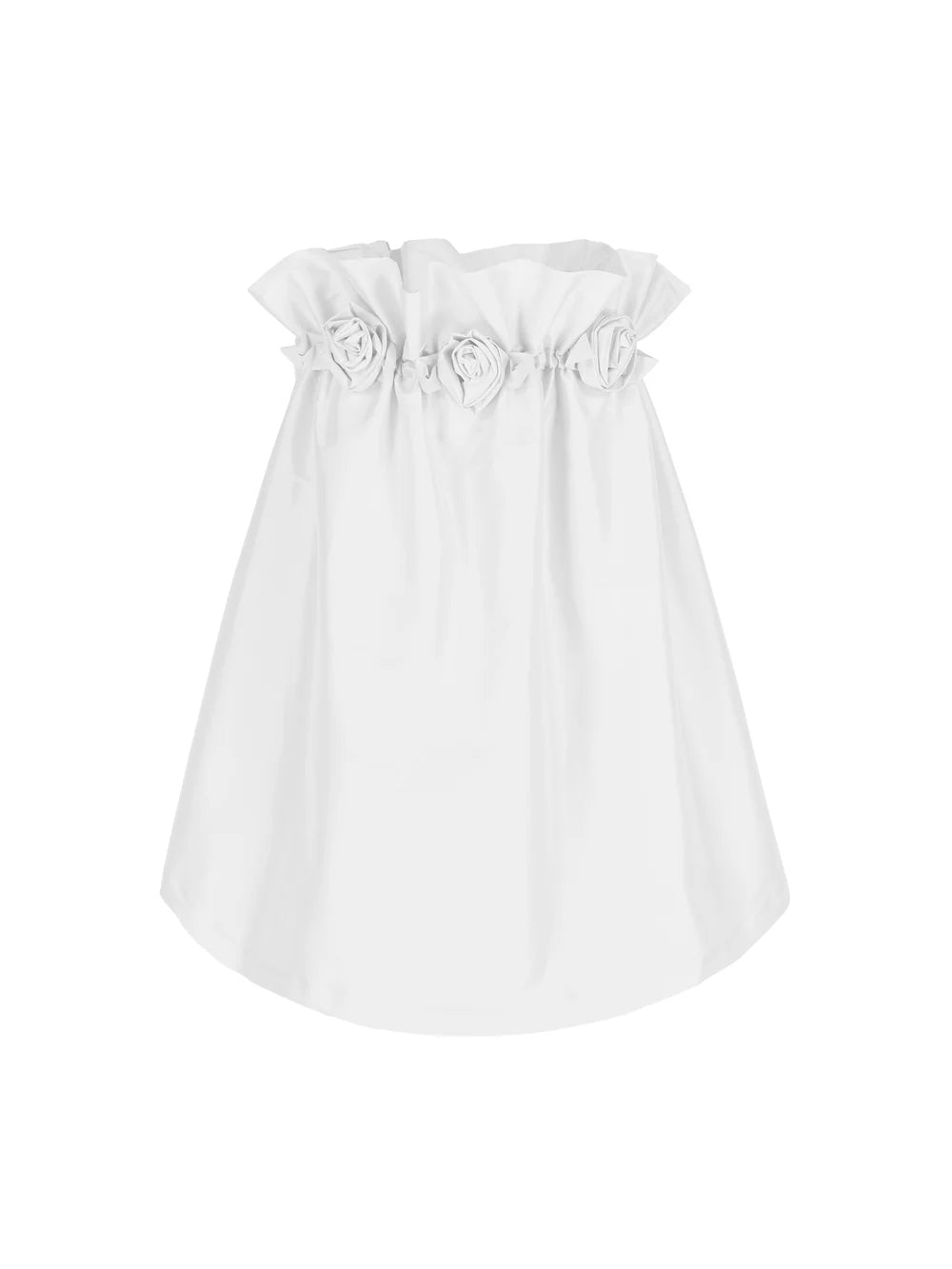 Packshot of the Theodore dress from the Bernadette collection, made of crisp ivory taffeta with a sleek straight neckline decorated with delicate handmade roses, combining timeless elegance with a playful touch. Available at Georgette bridal boutique in Brussels and online at georgettebridal.com.