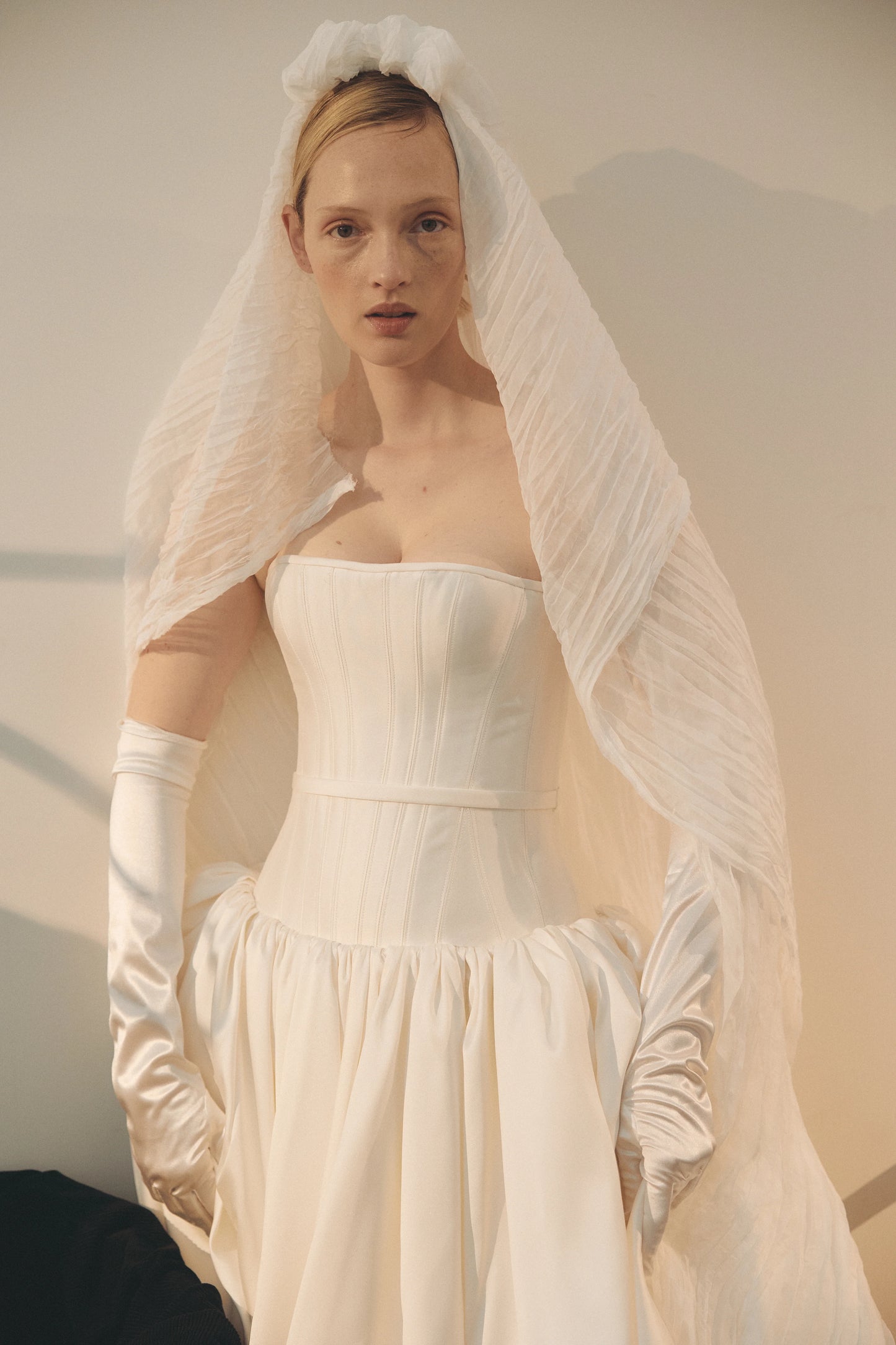 Bride in Lyn corseted Mikado ballgown by Floure available at Georgette bridal Brussels