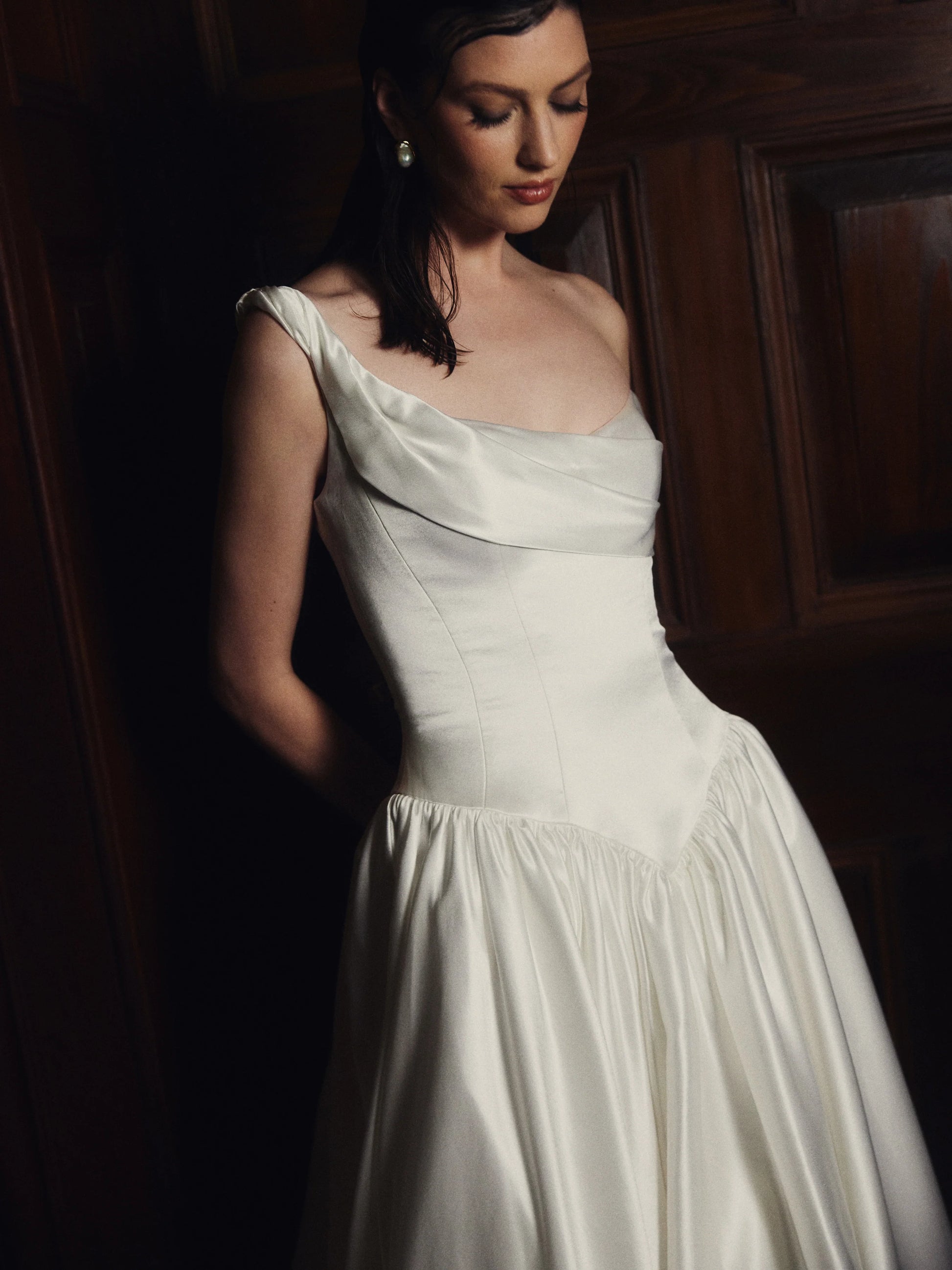 Close-up of draped bodice on Charlotte silk wedding dress by Floure available at Georgette bridal Brussels