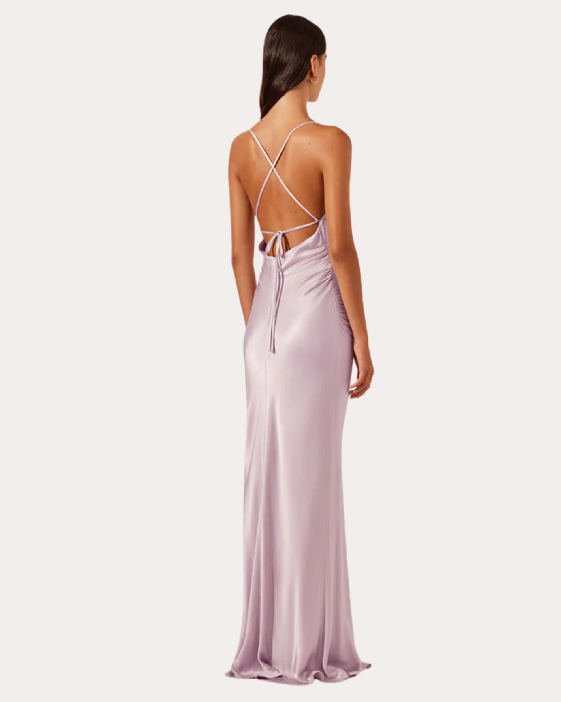 Back view of La Lune Cross Back Maxi Dress with criss-cross adjustable straps, tie detail at lower back, and elegant low cut. Available at Georgette Bridal Boutique in Brussels.
