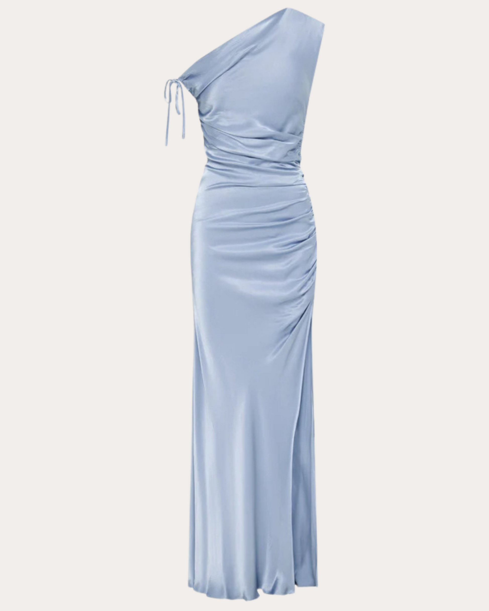 Product shot of the La Lune One-Shoulder Gathered Maxi Dress in powder blue, available at Georgette Bridal in Brussels.