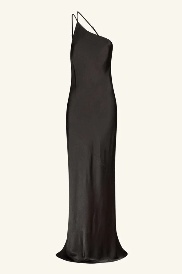 Product shot, a striking black asymmetrical one-shoulder maxi dress with an open cowl back, made from sustainable LENZING™ ECOVERO™ viscose with a satin finish. Available at Georgette bridal boutique in Brussels and online at georgettebridal.com.