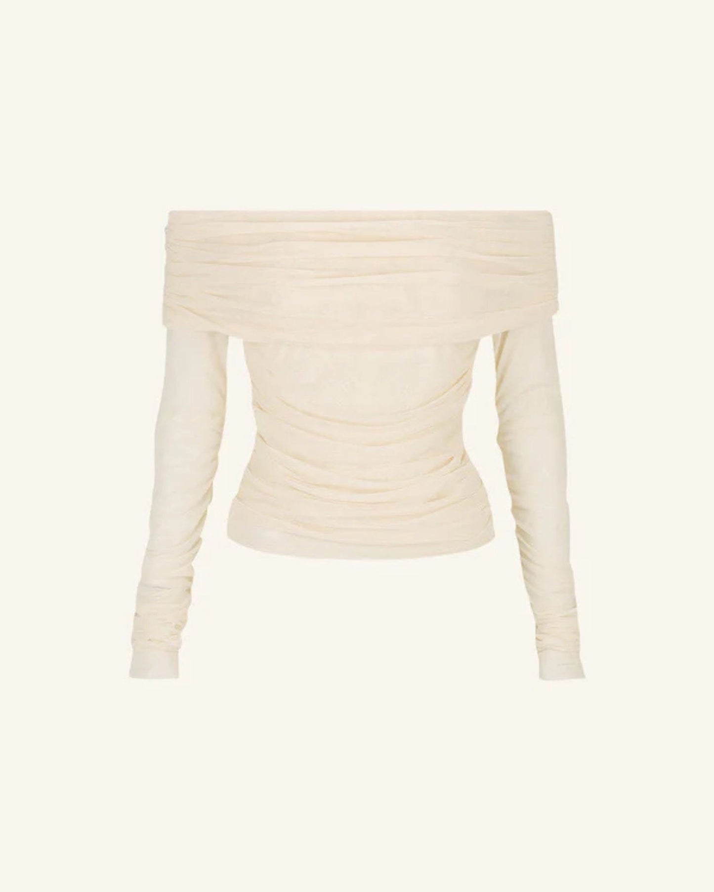 Product shot of the Mira Long Sleeve Off Shoulder Top in ivory - a sheer mesh top with an off-shoulder neckline, long gathered sleeves, and ruched side seams, creating a sculpted, elegant silhouette, available at Georgette bridal boutique in Brussels and online at georgettebridal.com.