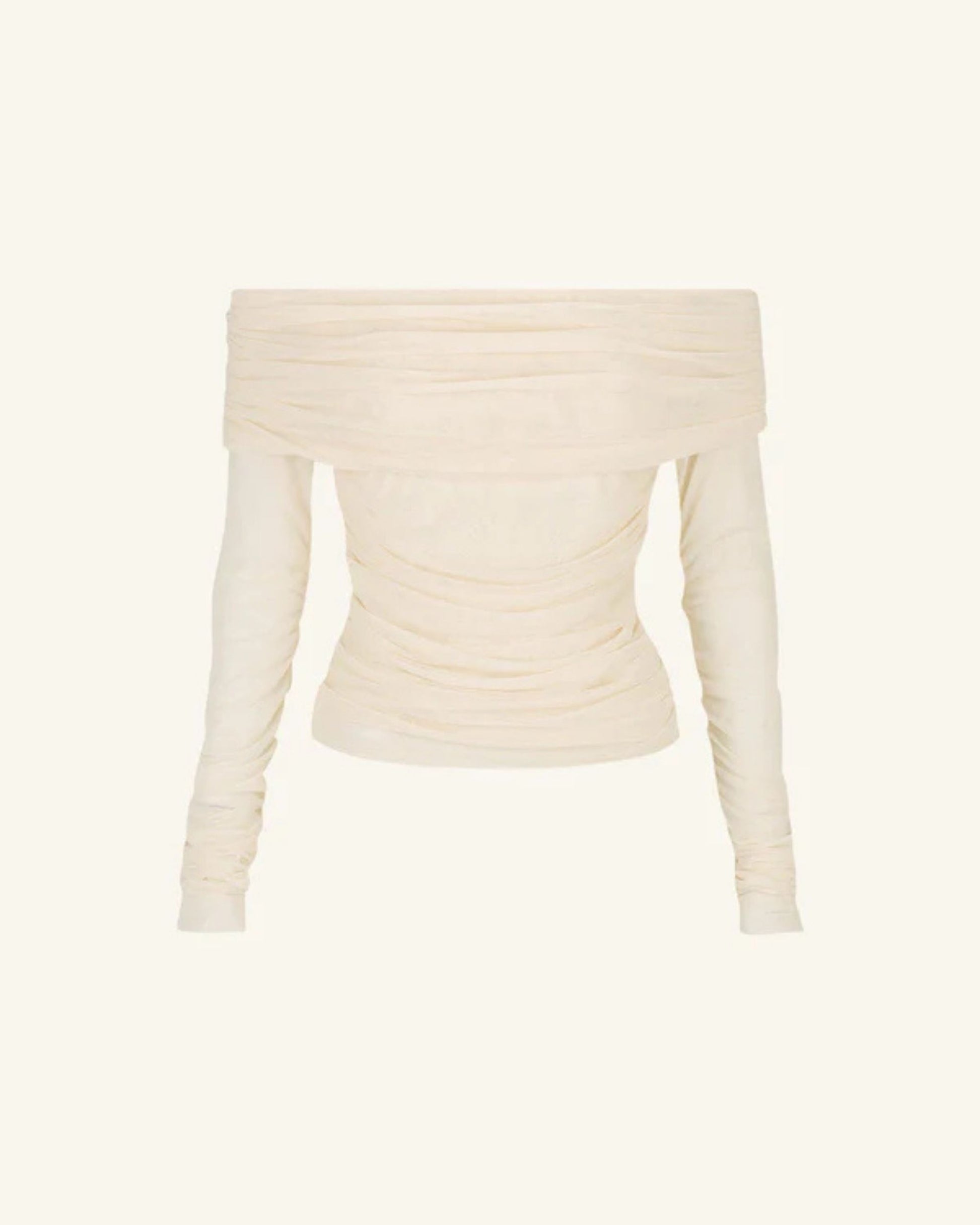 Product shot of the Mira Long Sleeve Off Shoulder Top in ivory - a sheer mesh top with an off-shoulder neckline, long gathered sleeves, and ruched side seams, creating a sculpted, elegant silhouette, available at Georgette bridal boutique in Brussels and online at georgettebridal.com.