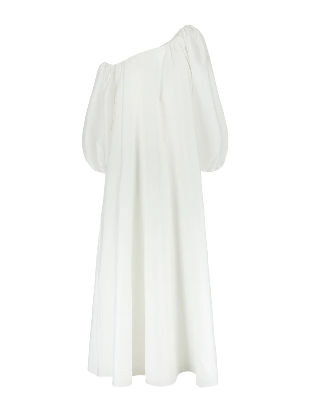 Product shot, the Nathalie one-shoulder wedding dress in signature taffeta, featuring a sculptural neckline, voluminous sleeve, and a dramatic floor-length silhouette. Available at Georgette bridal boutique in Brussels and online at georgettebridal.com.
