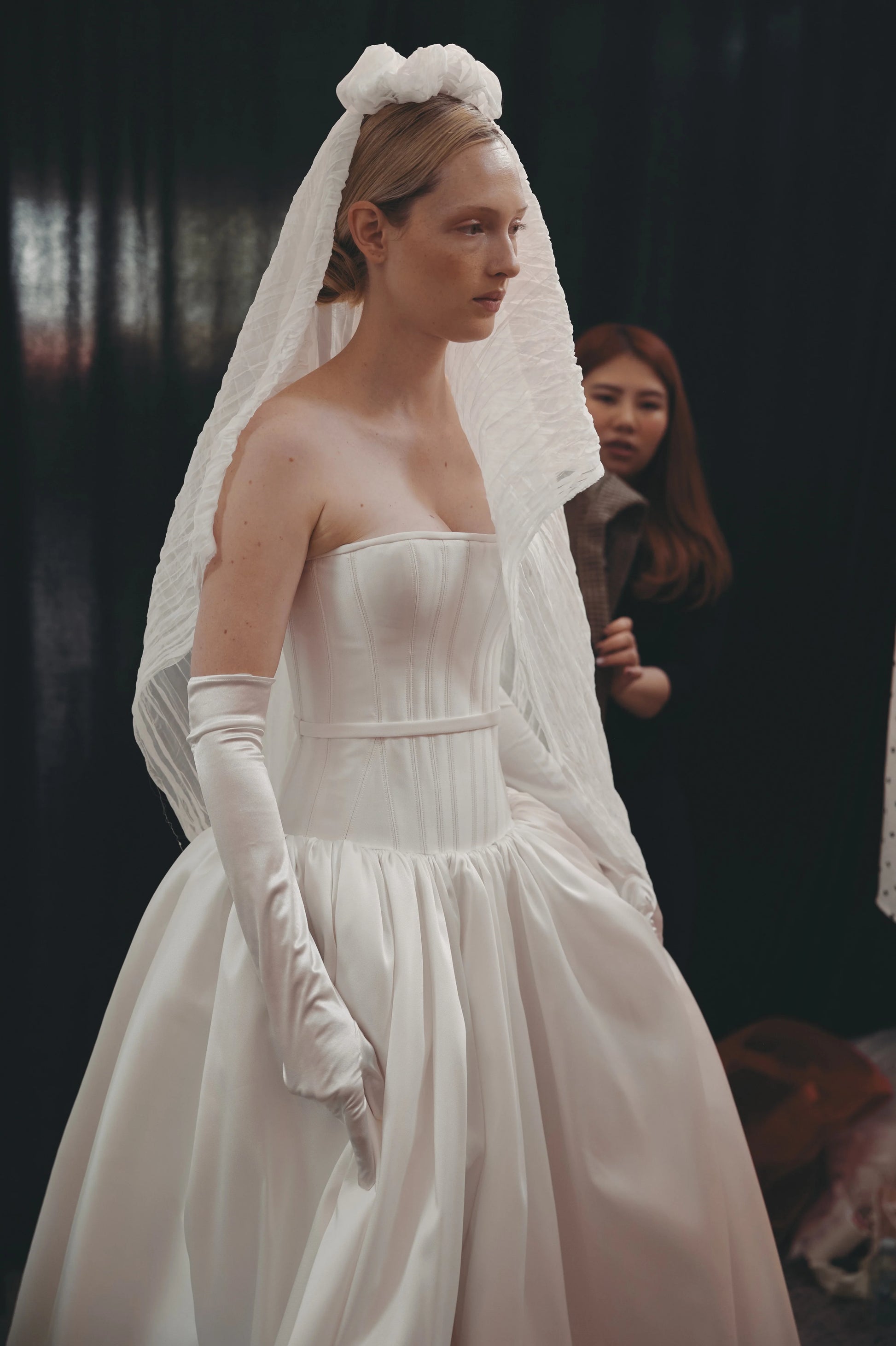 Side view of Lyn high-hip Mikado skirt wedding dress by Floure available at Georgette bridal Brussels